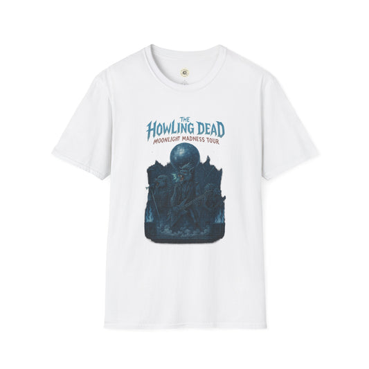 White Printify t-shirt featuring The Howling Dead Moonlight Madness Tour graphic for howling dead halloween shirt