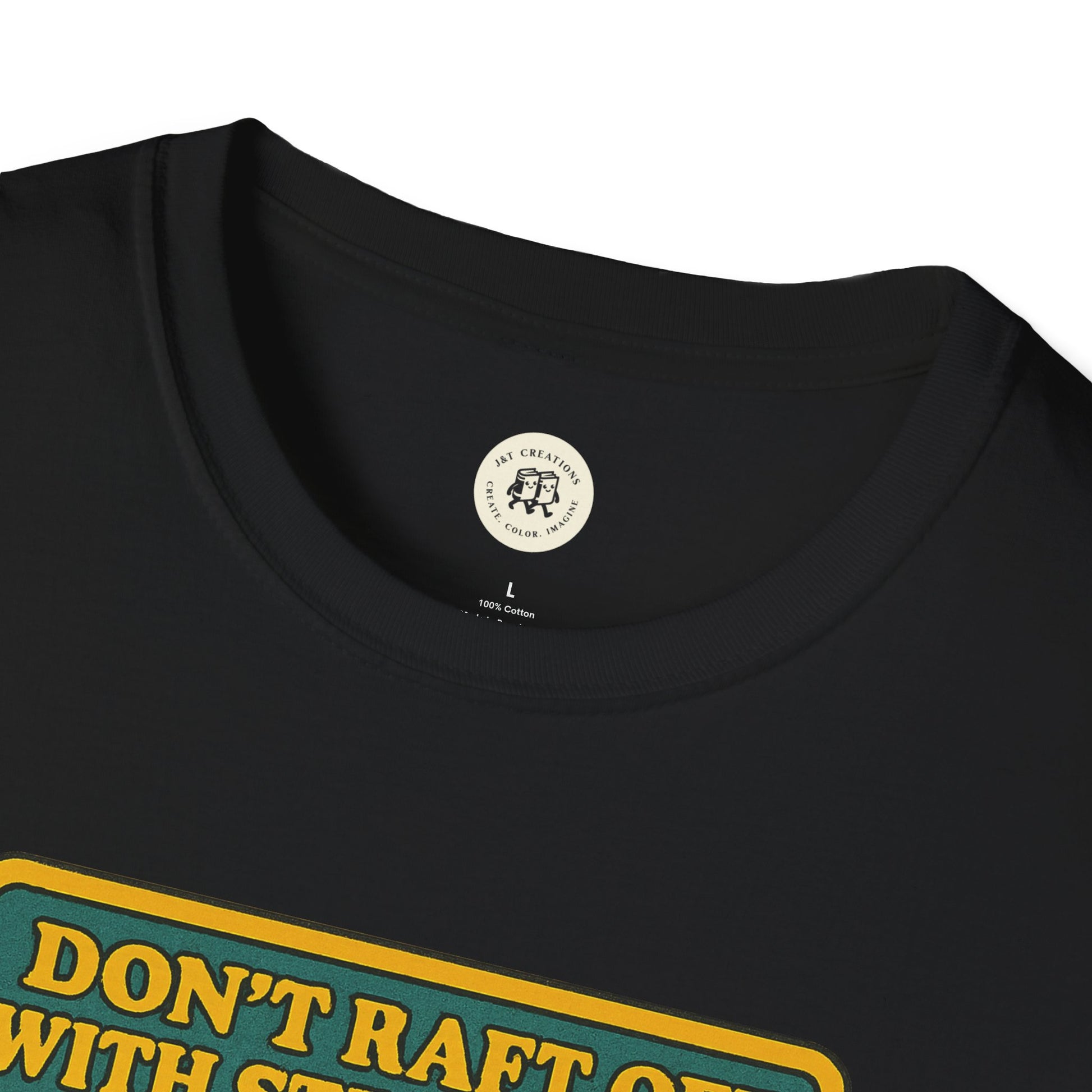Black Huck Finn safety t-shirt by Printify with yellow and green safety message graphic