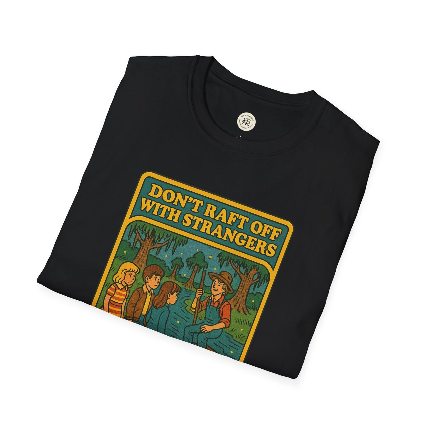 Black Huck Finn safety t-shirt with vintage style Don't Raft Off With Strangers design from Printify