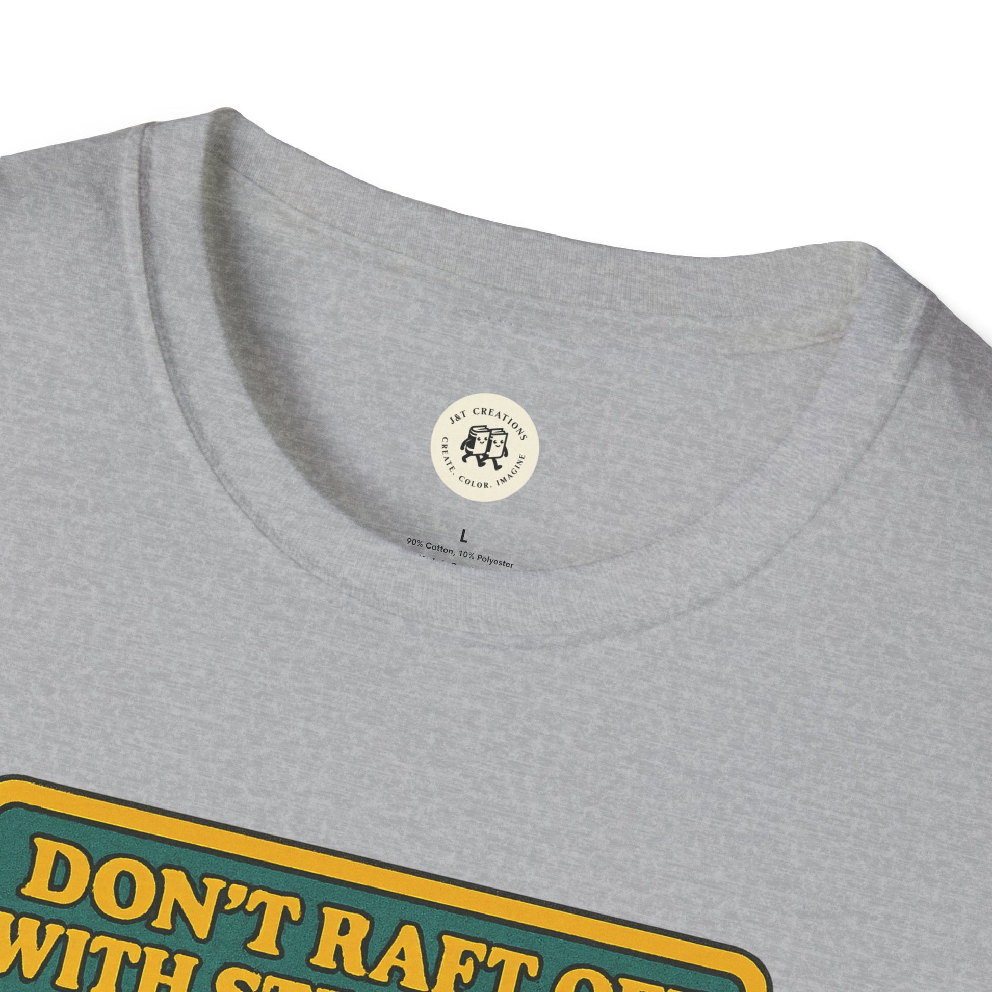 Gray Huck Finn safety t-shirt by Printify featuring a colorful Don’t raft sign design