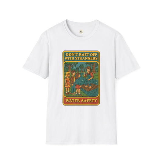 White Printify Huck Finn safety t-shirt with vintage water safety graphic and message