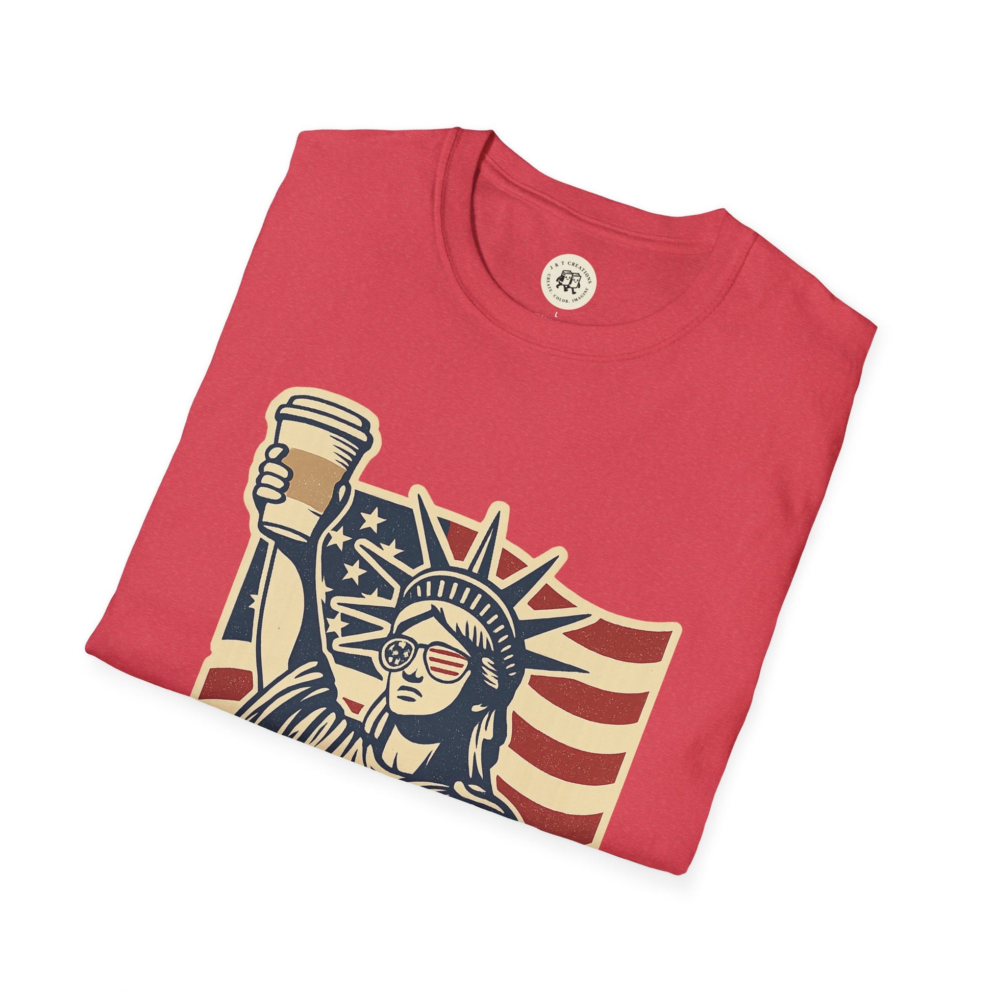 Red Printify T-shirt featuring Statue of Liberty holding coffee cup with American flag background Independence Day coffee shirt