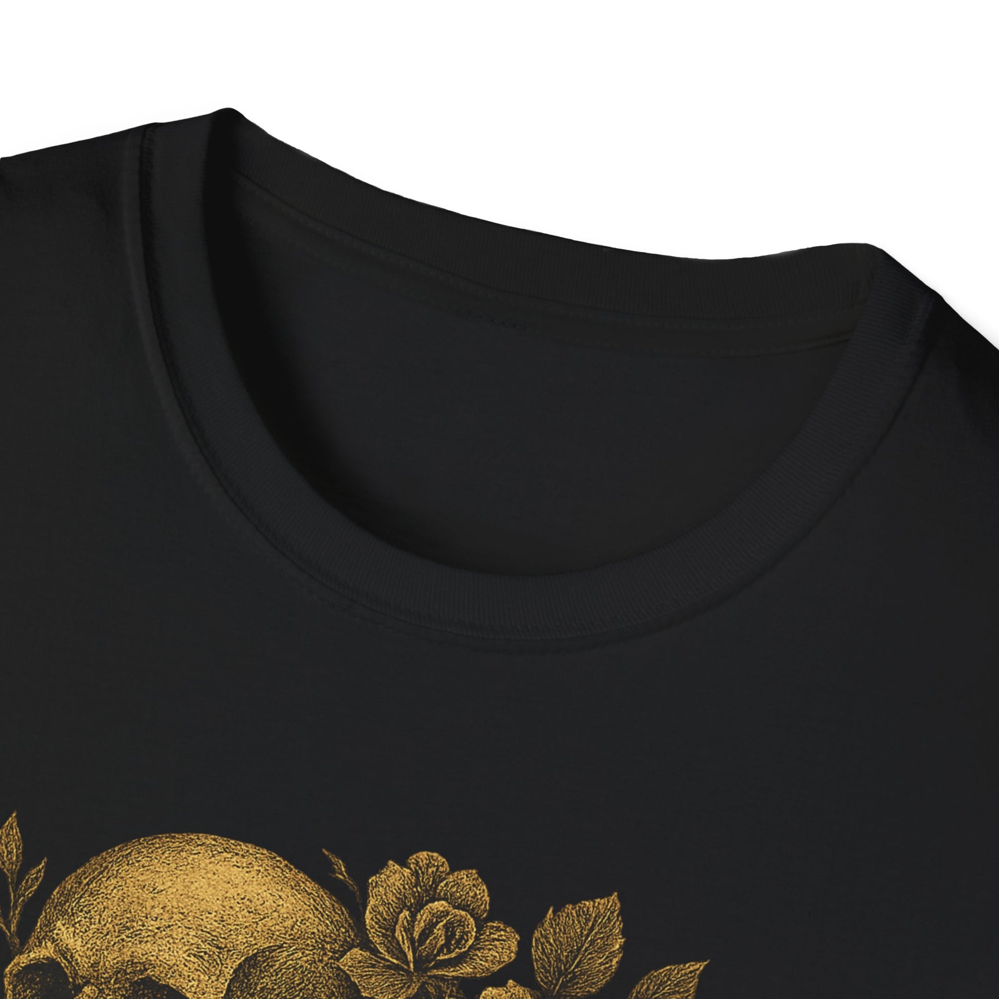 Printify black t shirt showing neckline and gold skull with roses chest print eternal love skull t-shirt