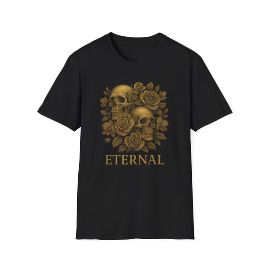 Printify black t shirt with gold skulls and roses and ETERNAL text vintage graphic eternal love skull t-shirt