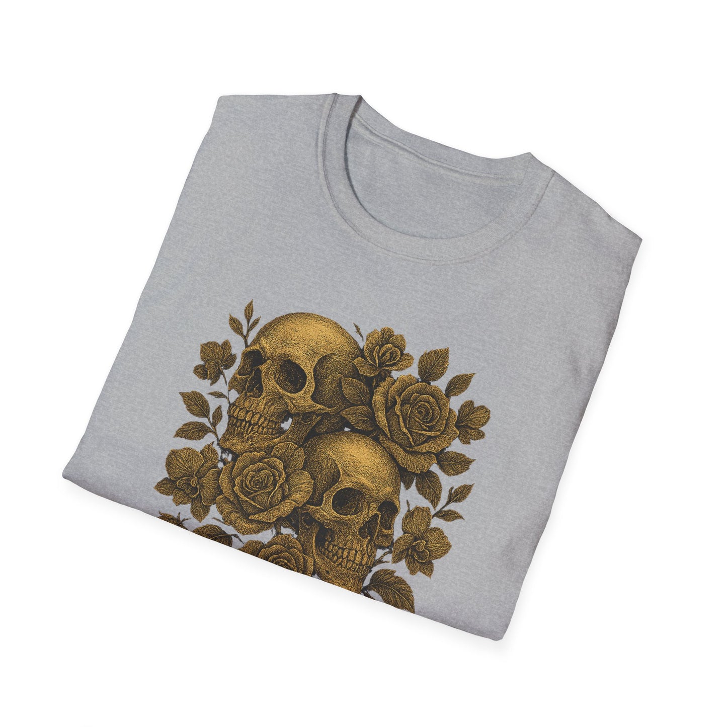 Printify gray crewneck t shirt with gold skulls and roses vintage print eternal love skull t-shirt