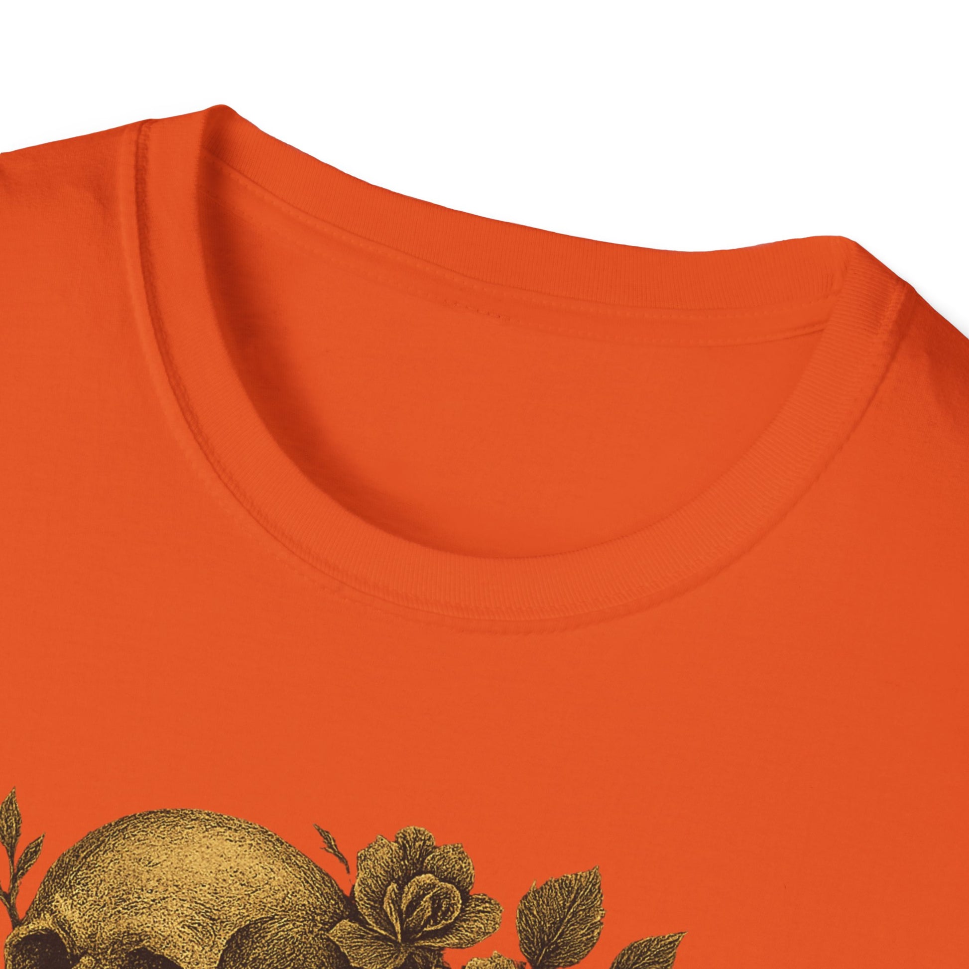 Printify orange crewneck T-shirt close up showing gold floral skull print on chest eternal love skull t-shirt
