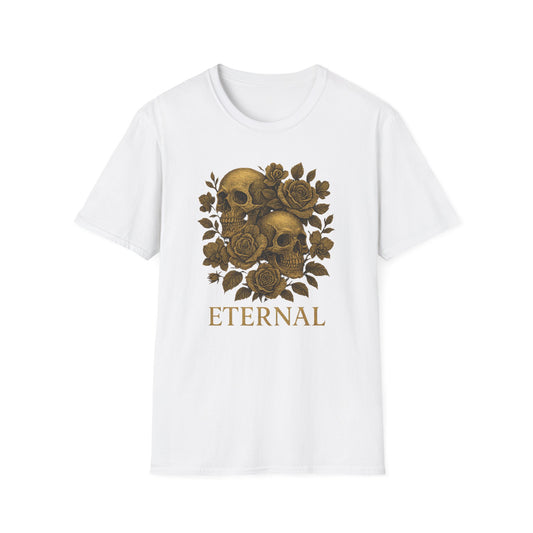 Printify white t shirt with gold skulls roses and ETERNAL lettering on front eternal love skull t-shirt
