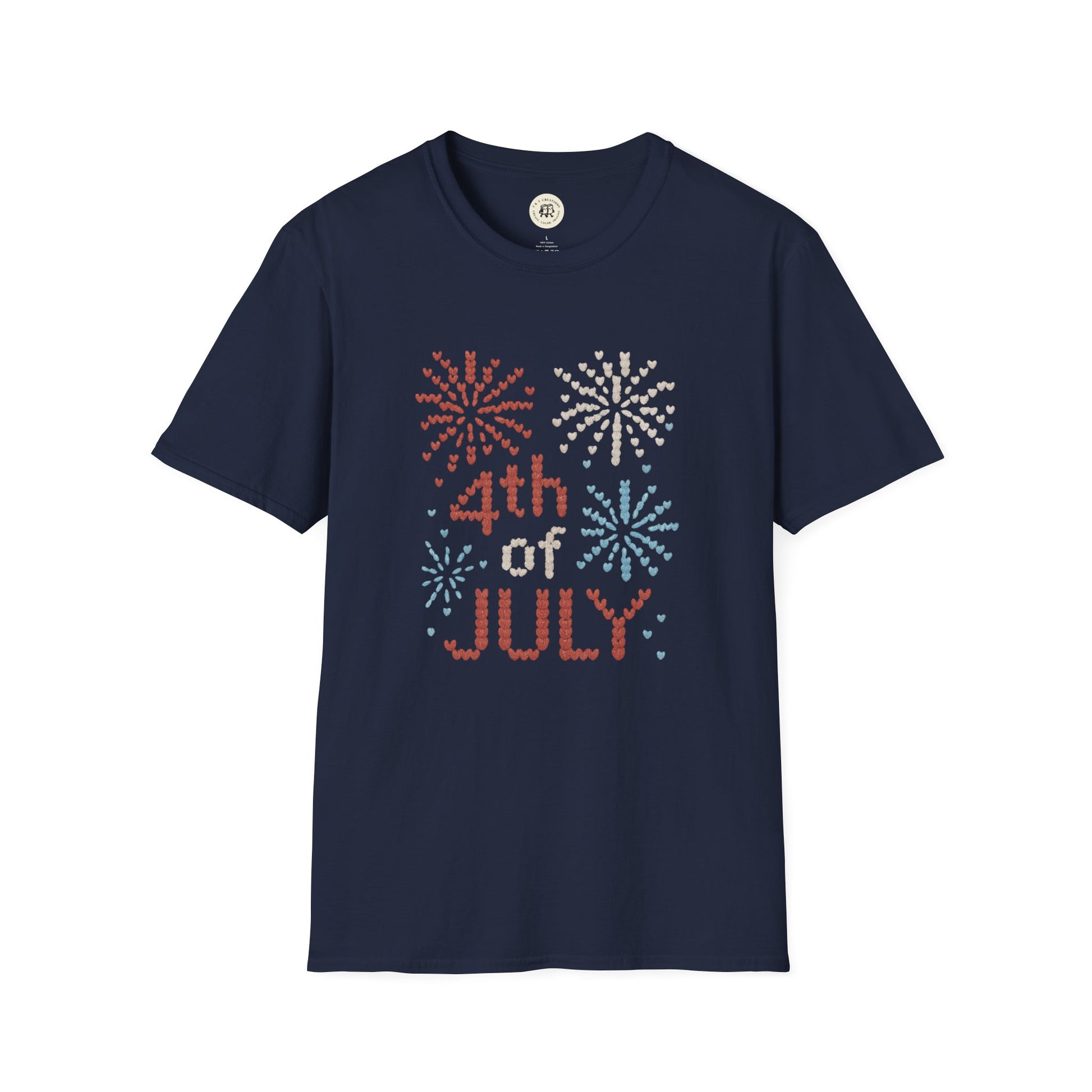 Navy Printify 4th of July fireworks t-shirt with red white and blue firework design