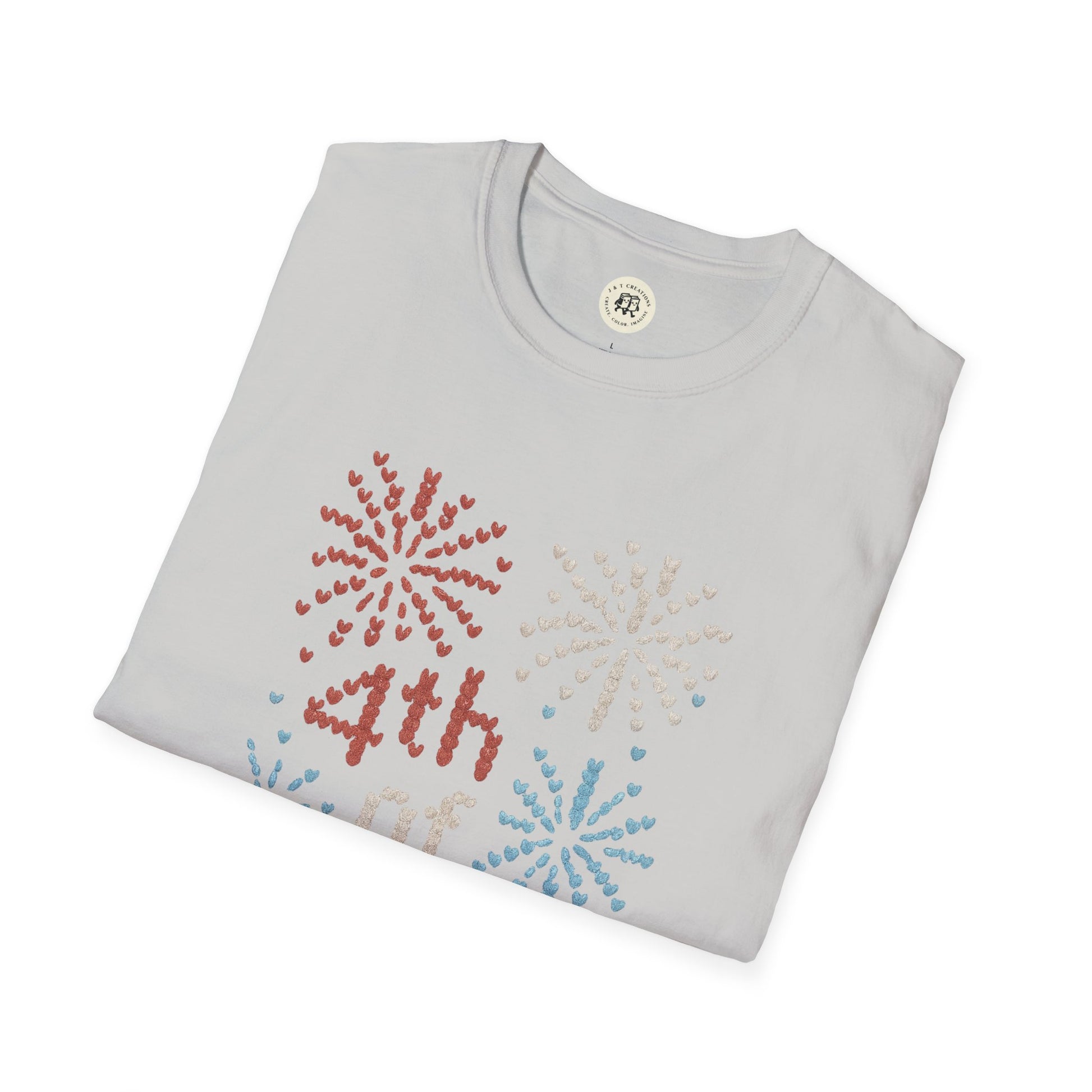 Printify 4th of July fireworks t-shirt with red white and blue firework design on light gray fabric