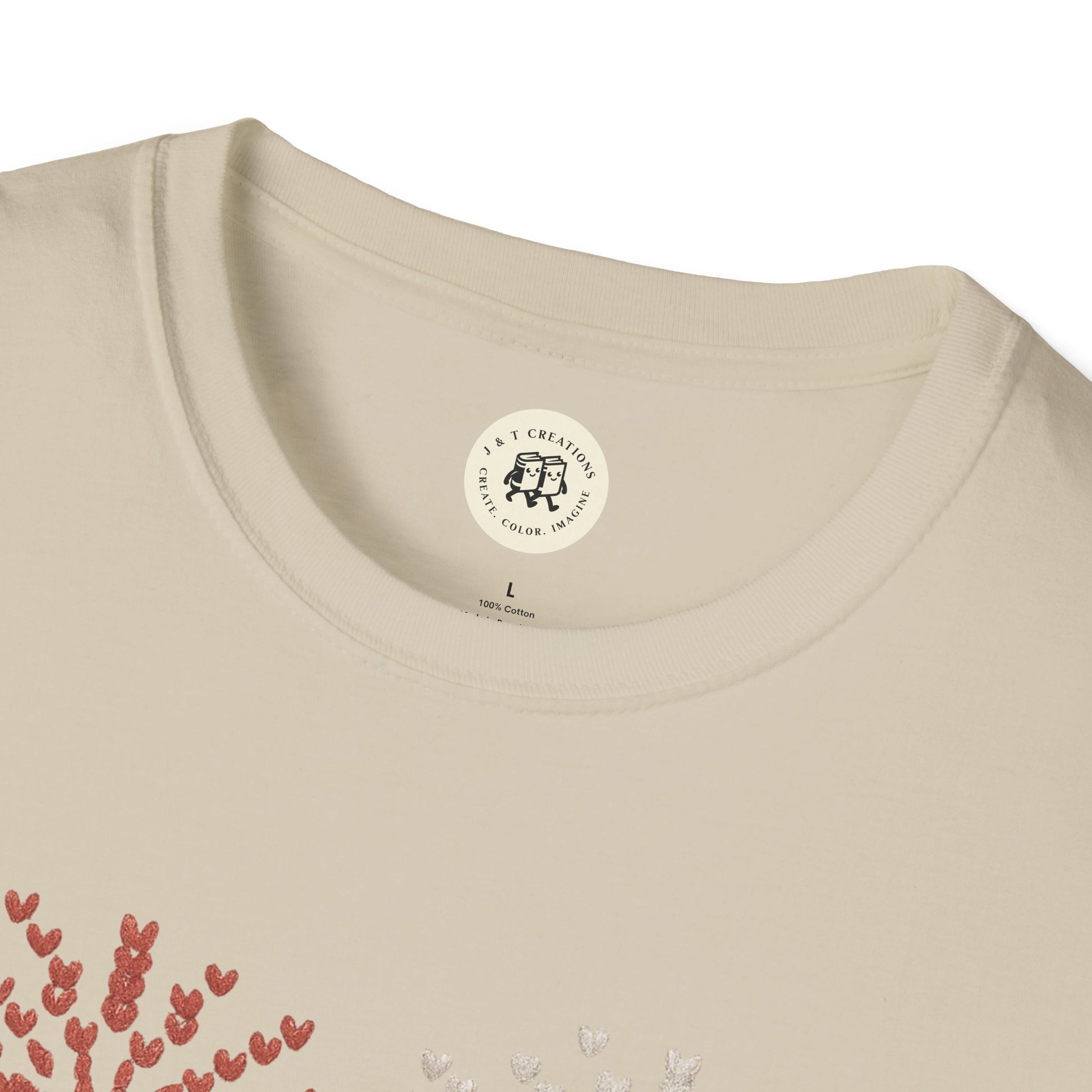 Printify beige 4th of July fireworks t-shirt with red and white heart-shaped fireworks design