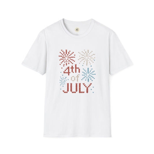 White Printify 4th of July fireworks t-shirt with red white and blue firework designs