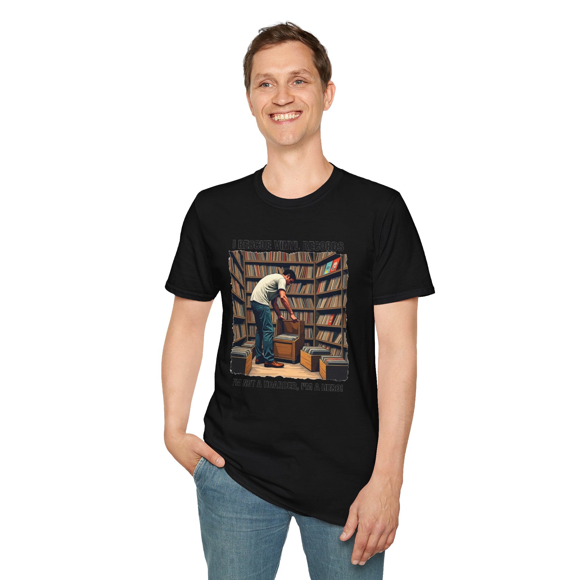Black music lover gift shirt from Printify featuring a person browsing vinyl records in a music store