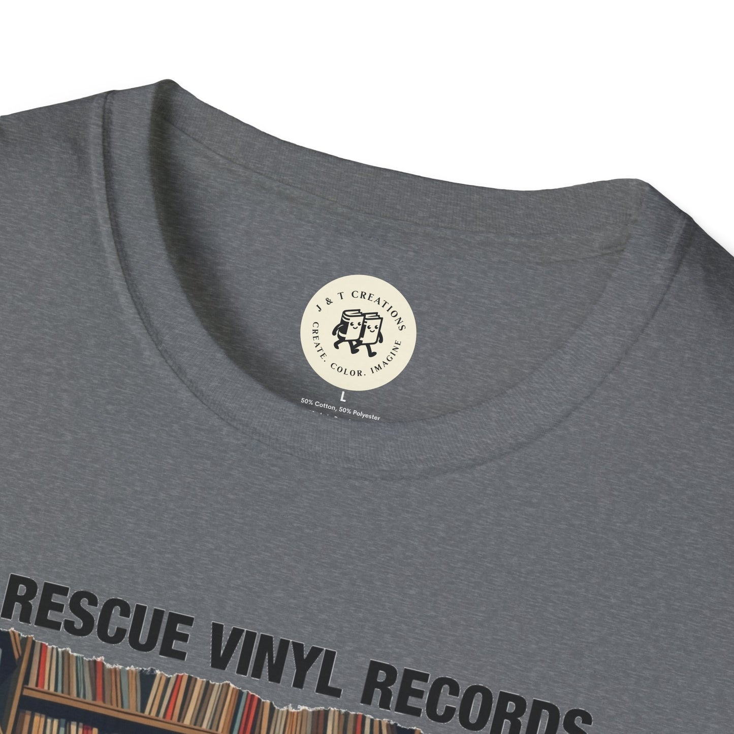 Gray Printify T-shirt with Rescue Vinyl Records design perfect music lover gift shirt