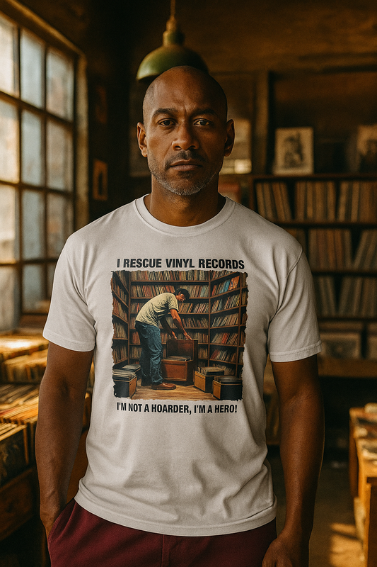 Printify music lover gift shirt with vintage vinyl records rescue design on white t-shirt