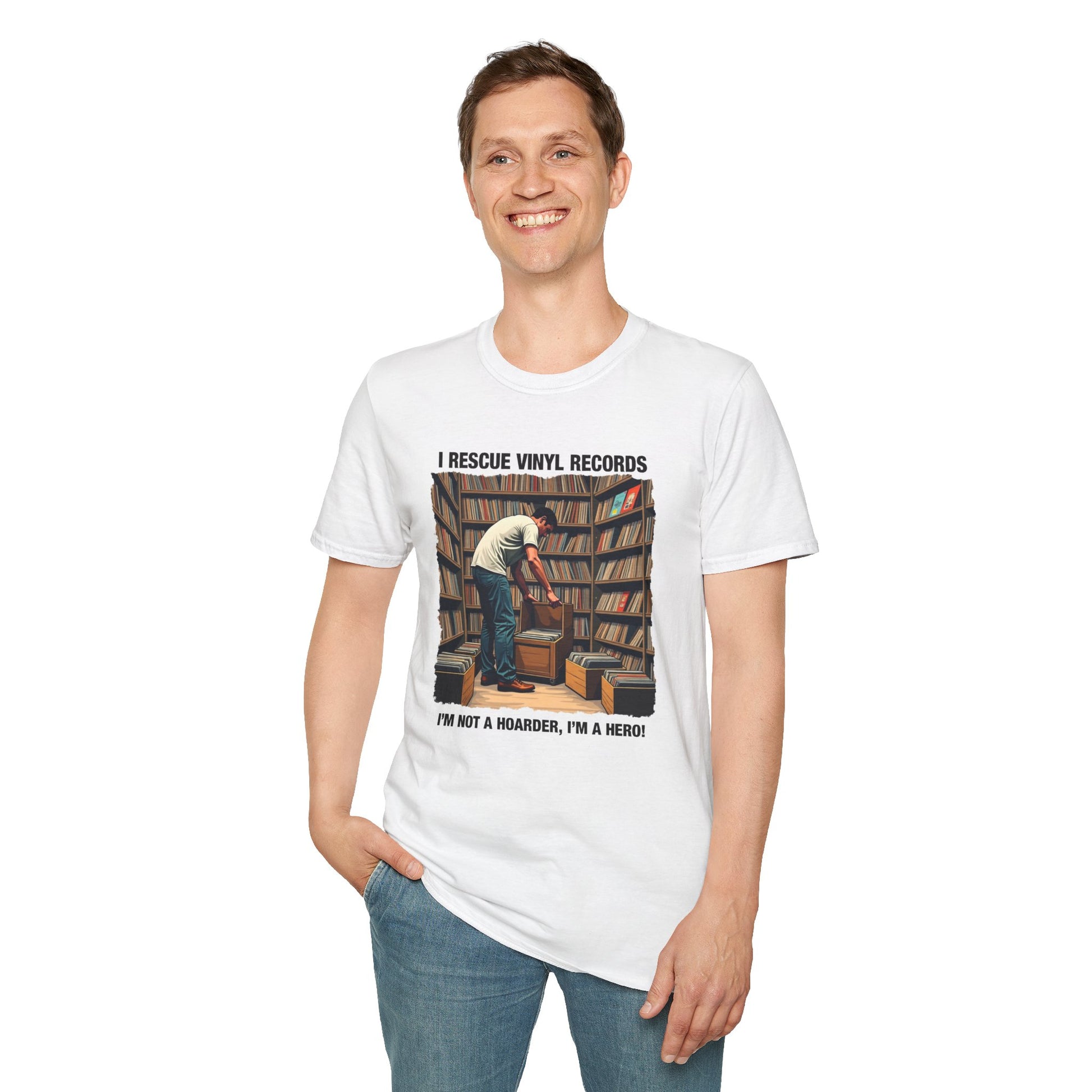 White music lover gift shirt with vintage vinyl records rescue design, perfect for music fans