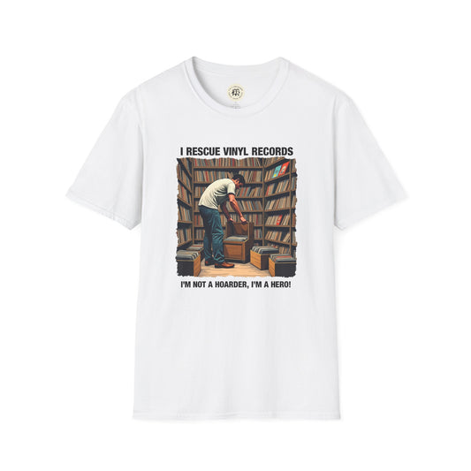 White Printify t-shirt featuring vintage style music lover gift shirt design with vinyl records rescue theme