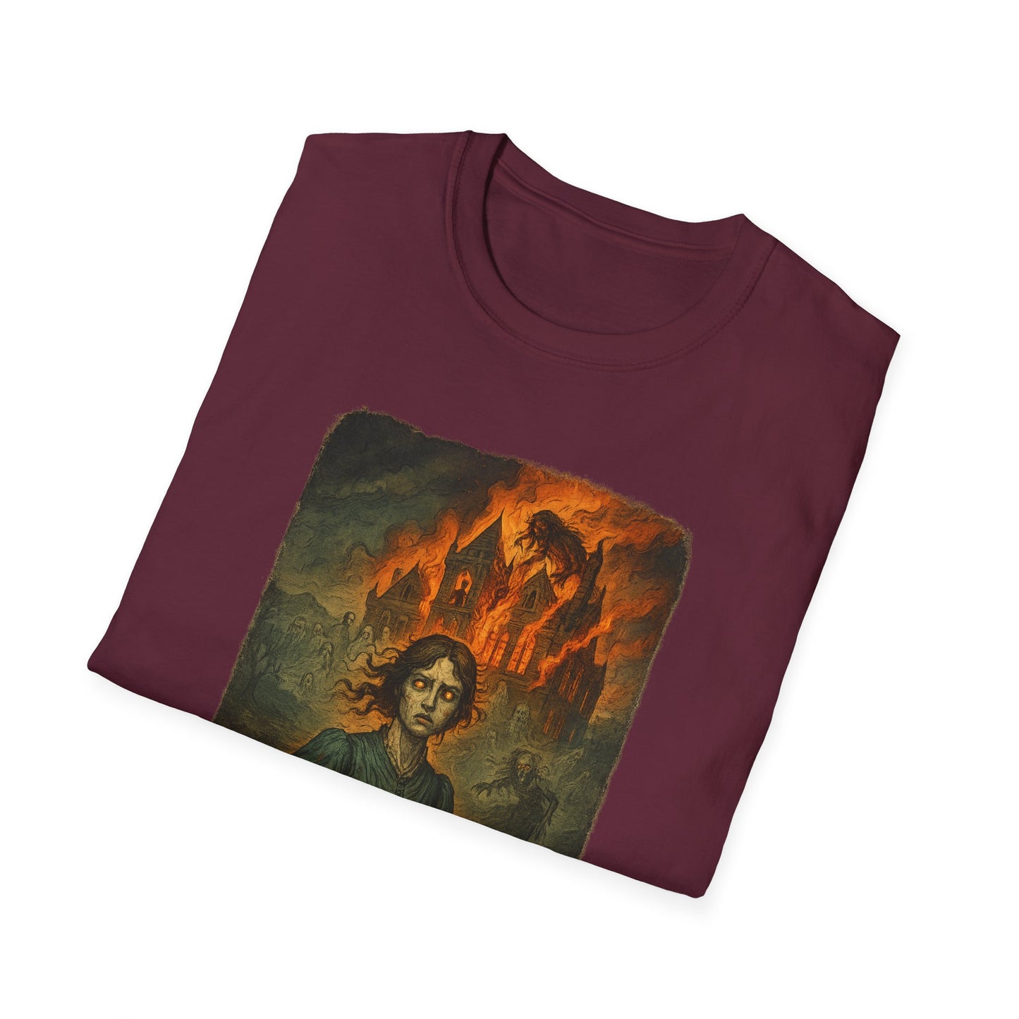 Maroon Jane Eyre graphic t-shirt by Printify featuring dark gothic illustration of Jane Eyre with fiery castle background