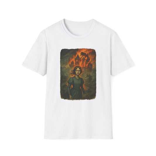 Printify white Jane Eyre graphic t-shirt featuring a vintage-style illustration with a fiery mansion background