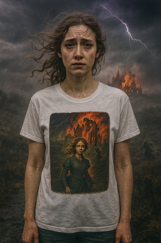 Printify Jane Eyre graphic t-shirt featuring dark burning mansion artwork on a white tee