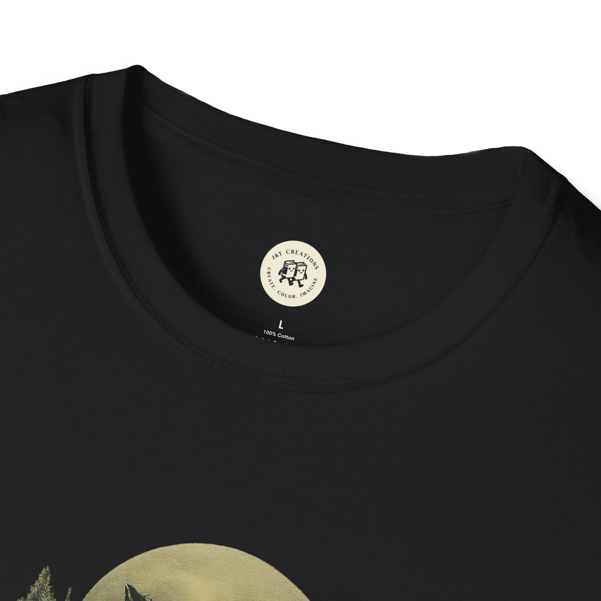 Close-up of black Printify Halloween graphic t-shirt neckline and partial moon design