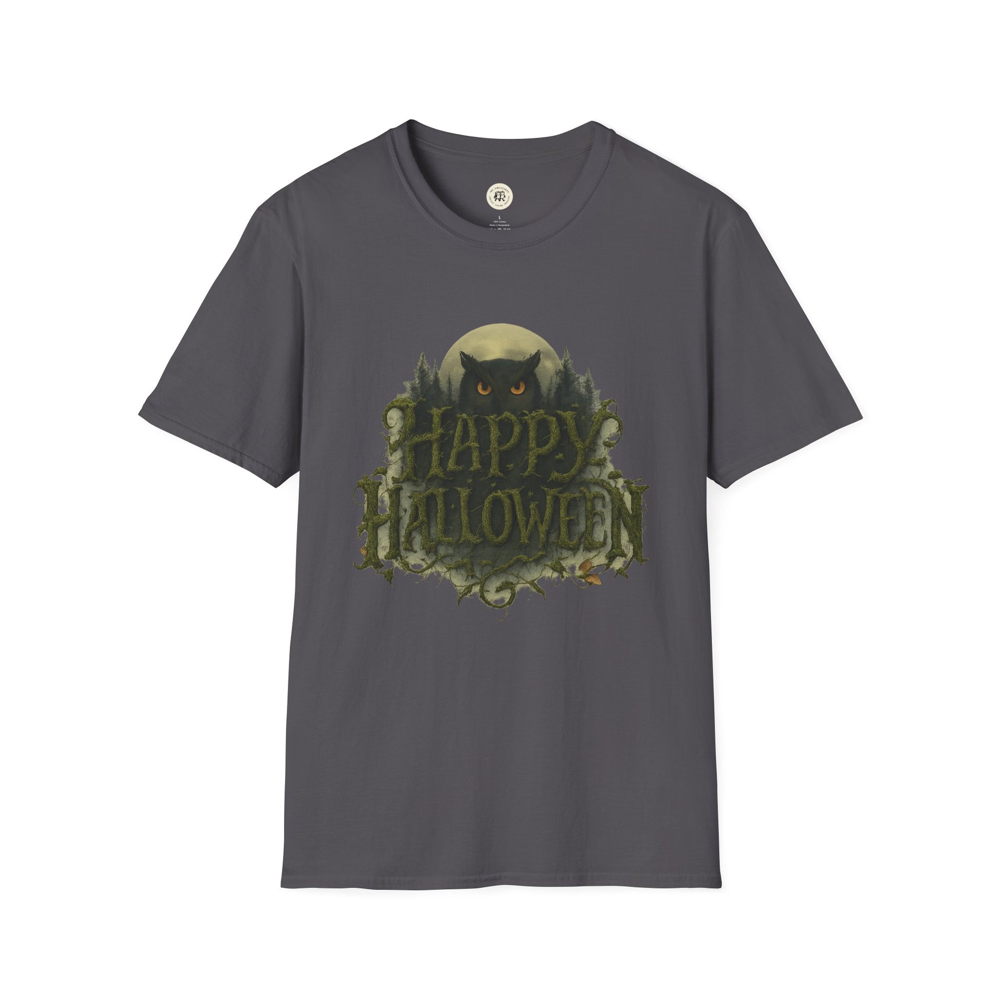 Printify Halloween graphic t-shirt with spooky owl and Happy Halloween text on dark gray fabric