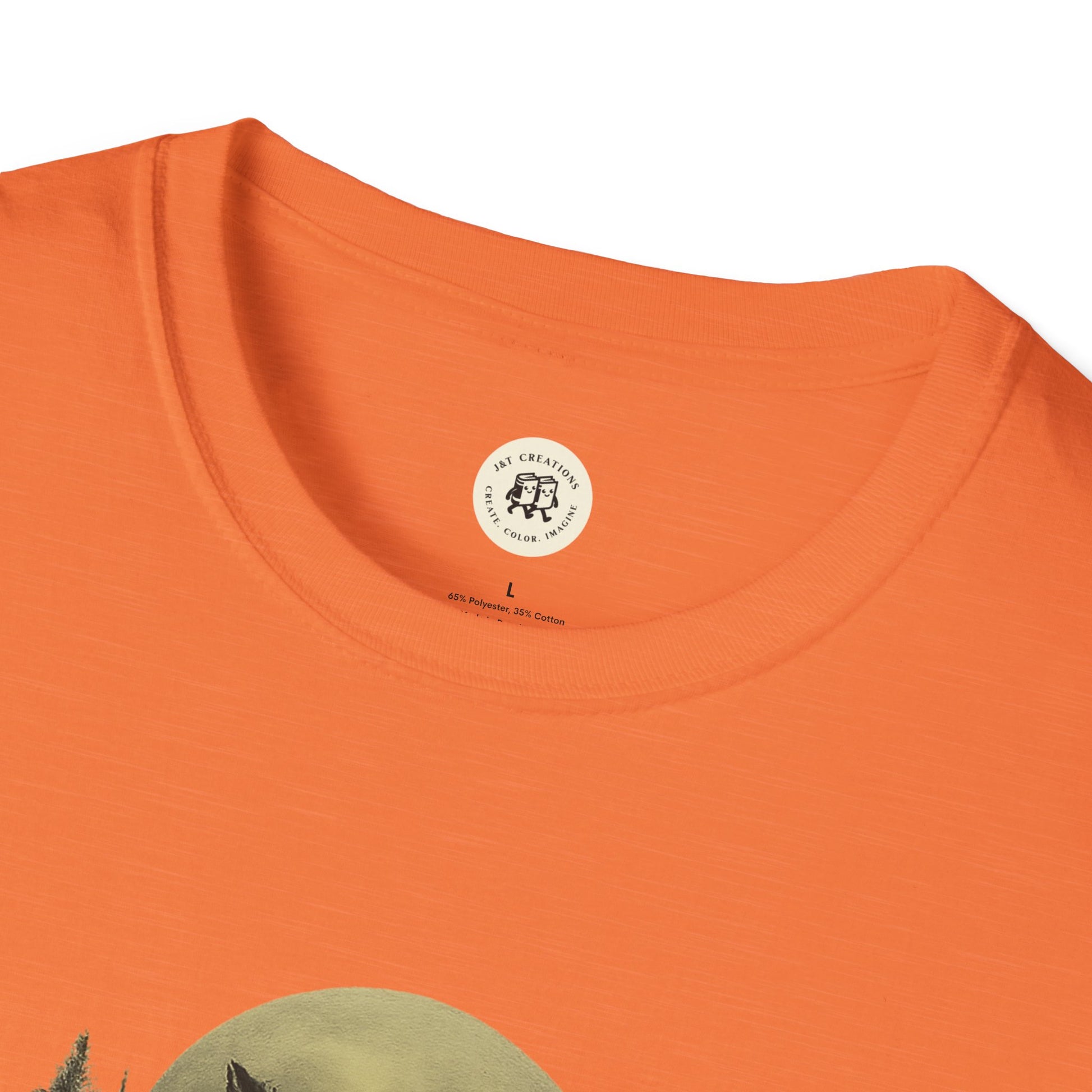 Orange Halloween graphic t-shirt neck and upper chest detail by Printify