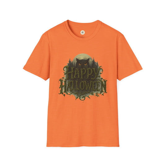 Orange Halloween graphic t-shirt by Printify with spooky owl and Happy Halloween text design