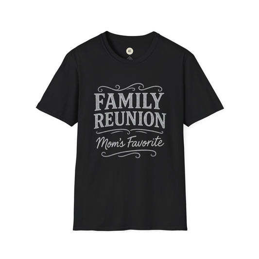 Black family reunion t-shirt with white text reading Mom’s Favorite from Printify
