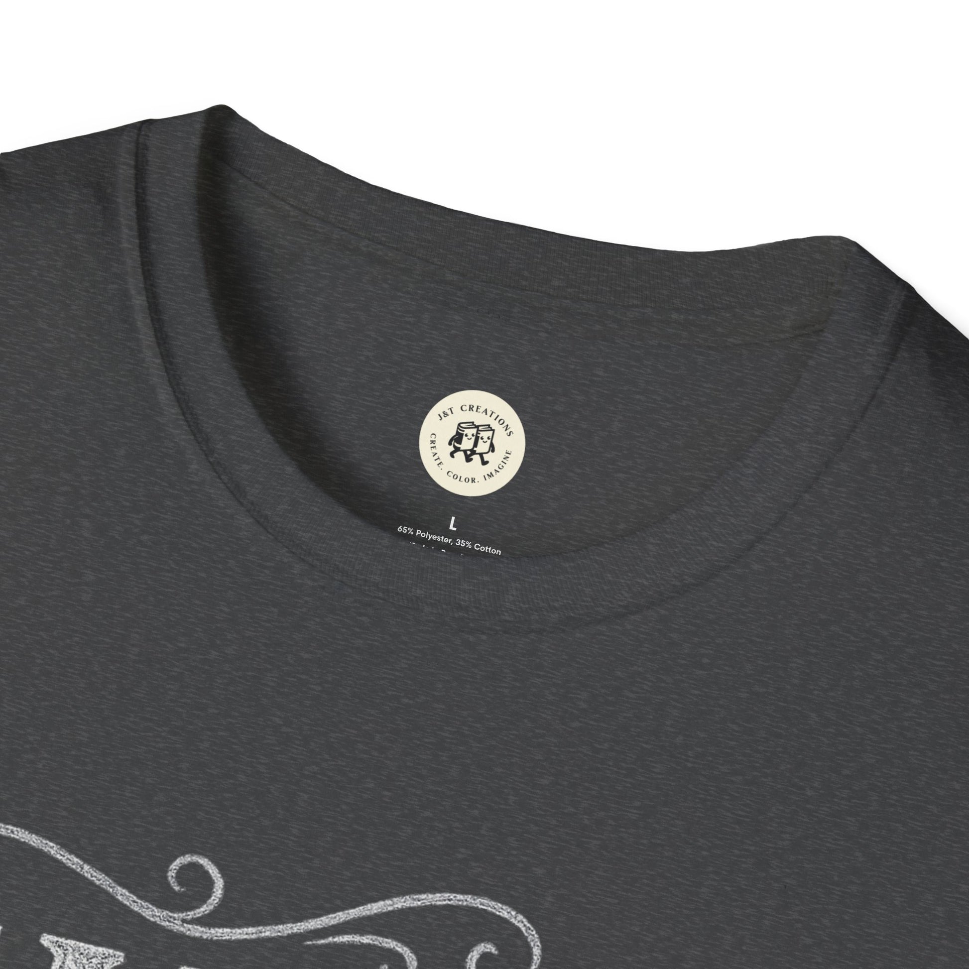 Close-up of dark gray Printify family reunion t-shirt collar and fabric texture
