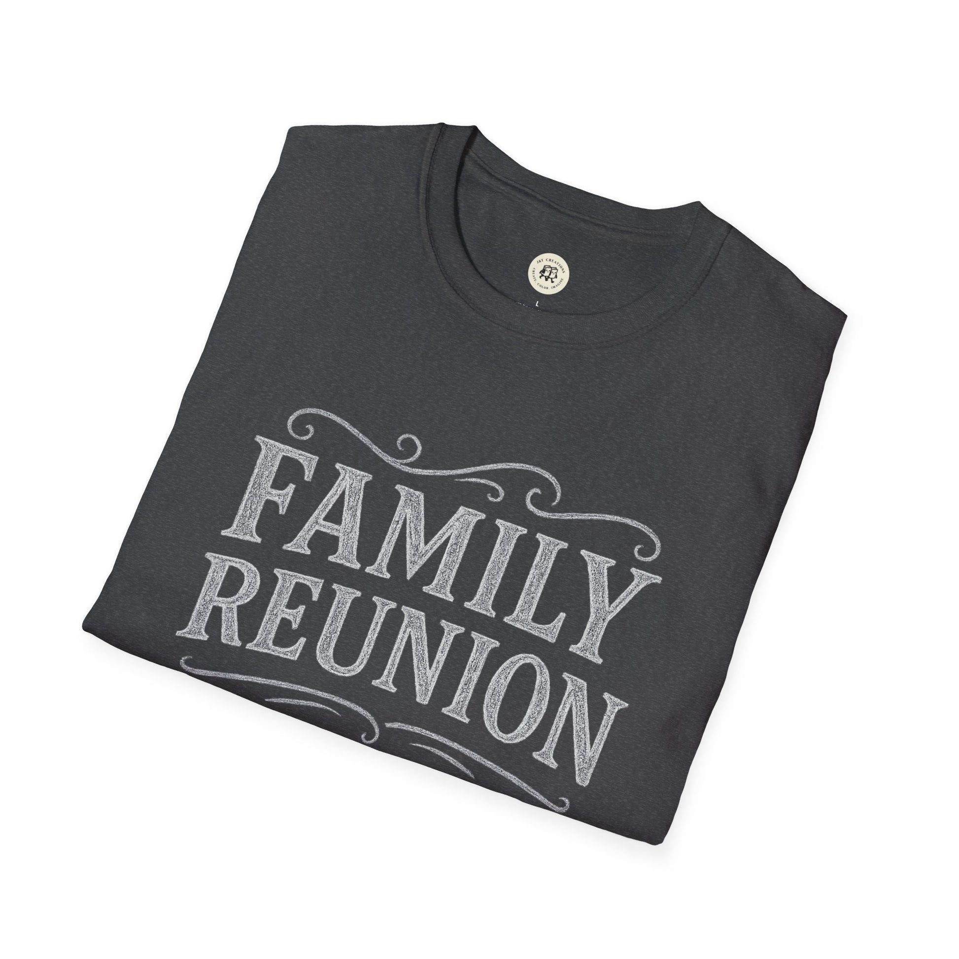 Black Printify family reunion t-shirt with white vintage lettering design folded neatly