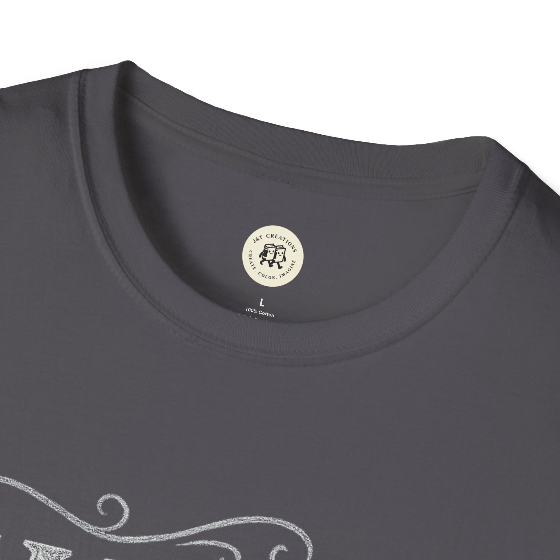 Close-up of a dark gray family reunion t-shirt from Printify featuring a round neckline and partial design print