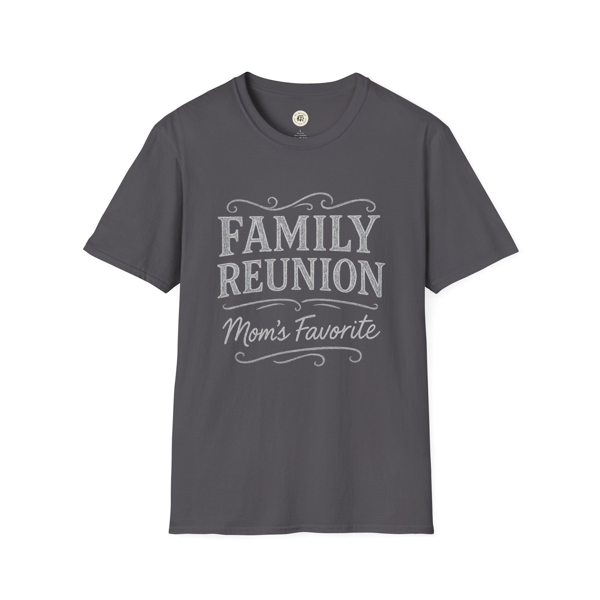 Printify gray family reunion t-shirt with Mom's Favorite text and decorative design