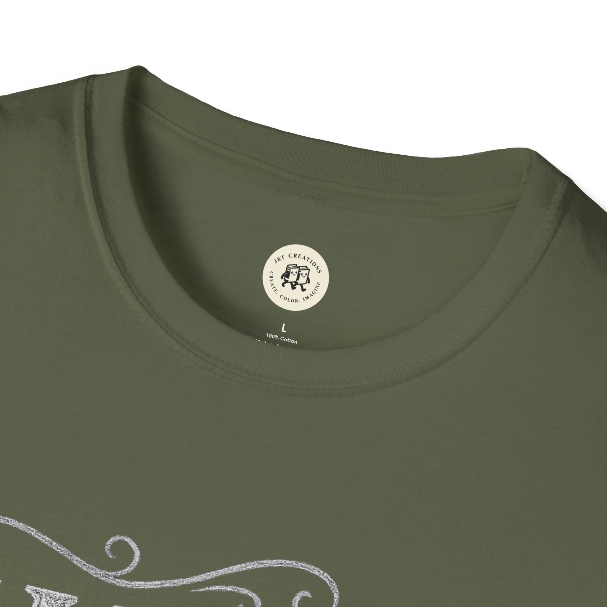 Olive green Printify family reunion t-shirt with round neckline and white decorative design