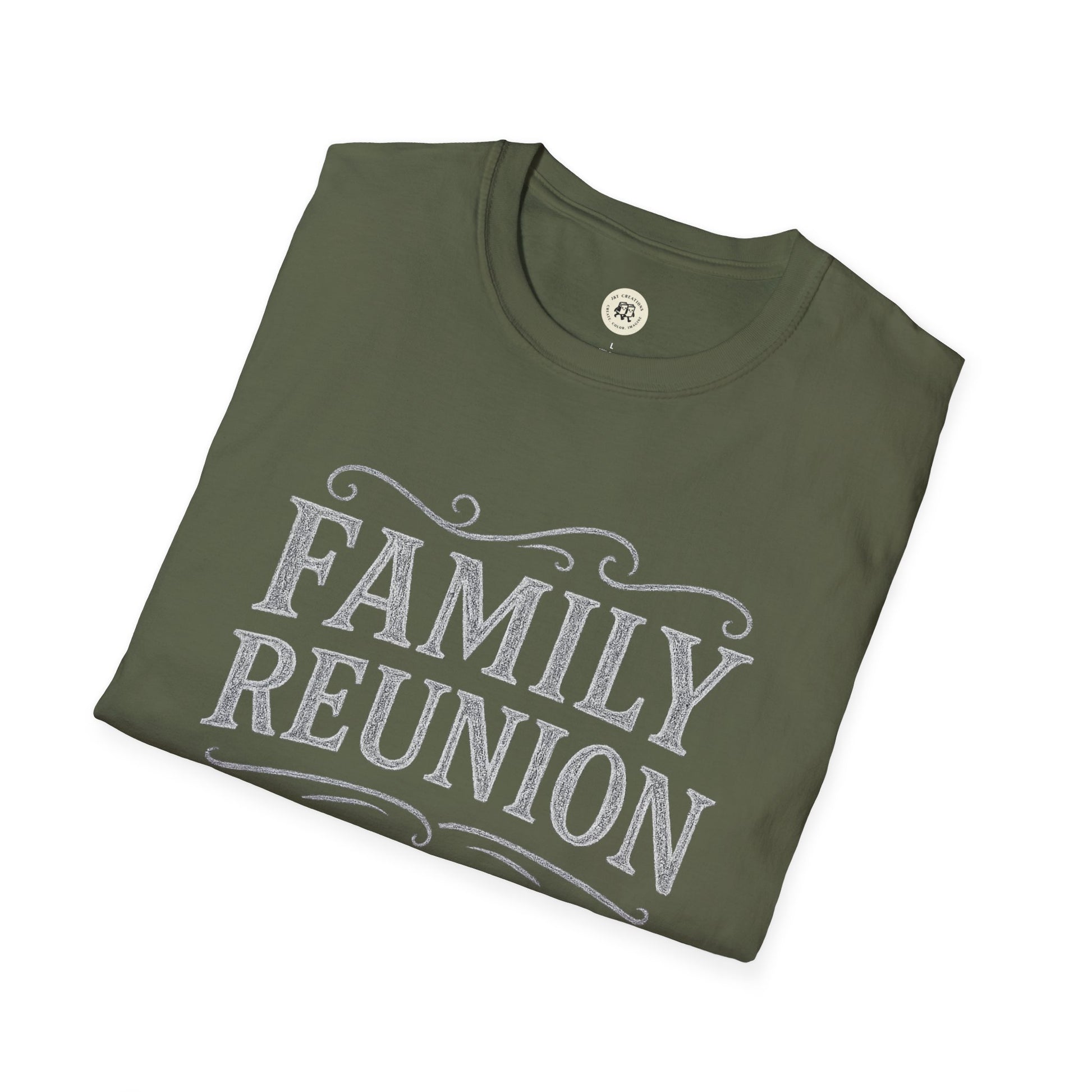 Folded olive green Printify family reunion t-shirt with white decorative text design
