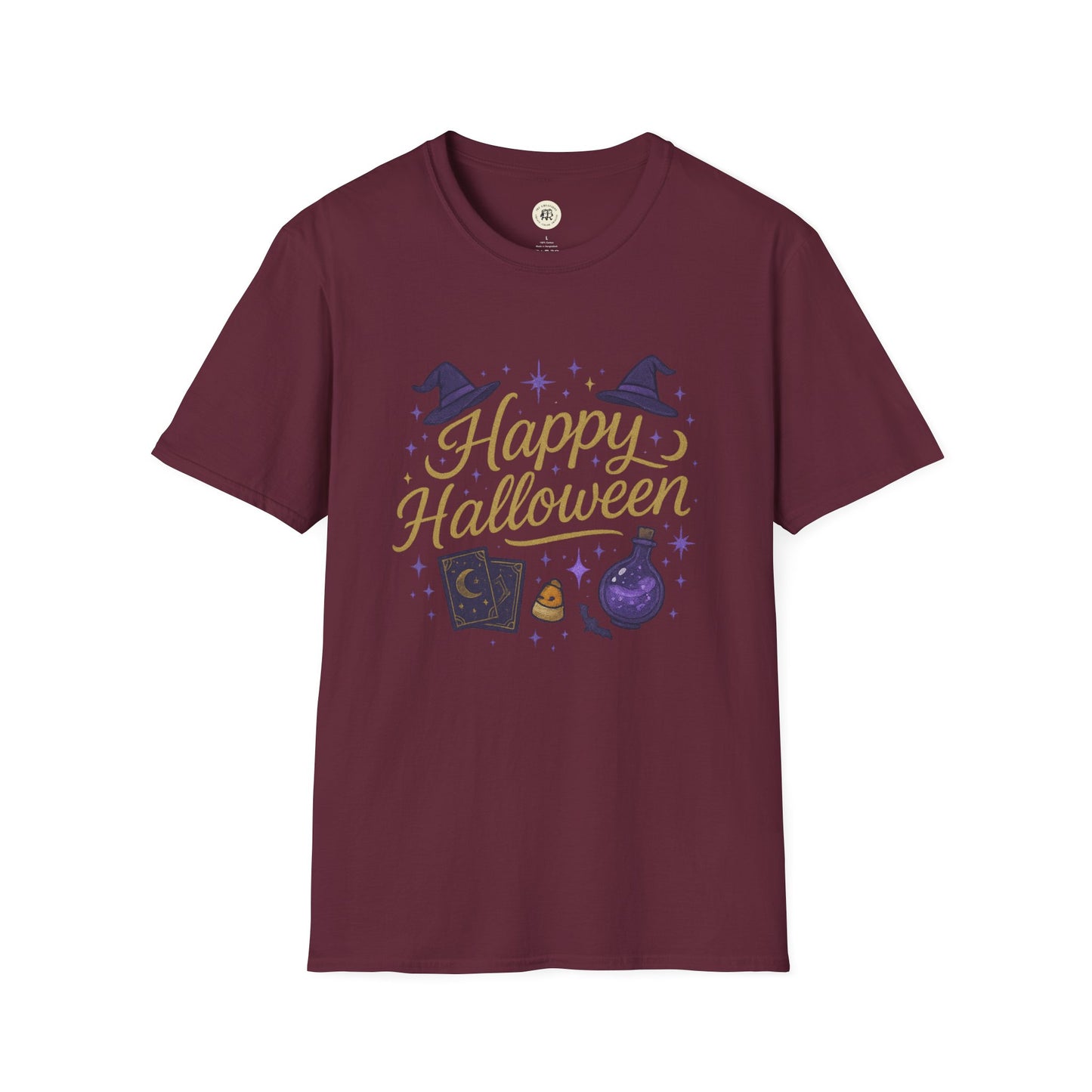 Maroon Printify T-Shirt with Happy Halloween shirt text and witch hats potion cards design
