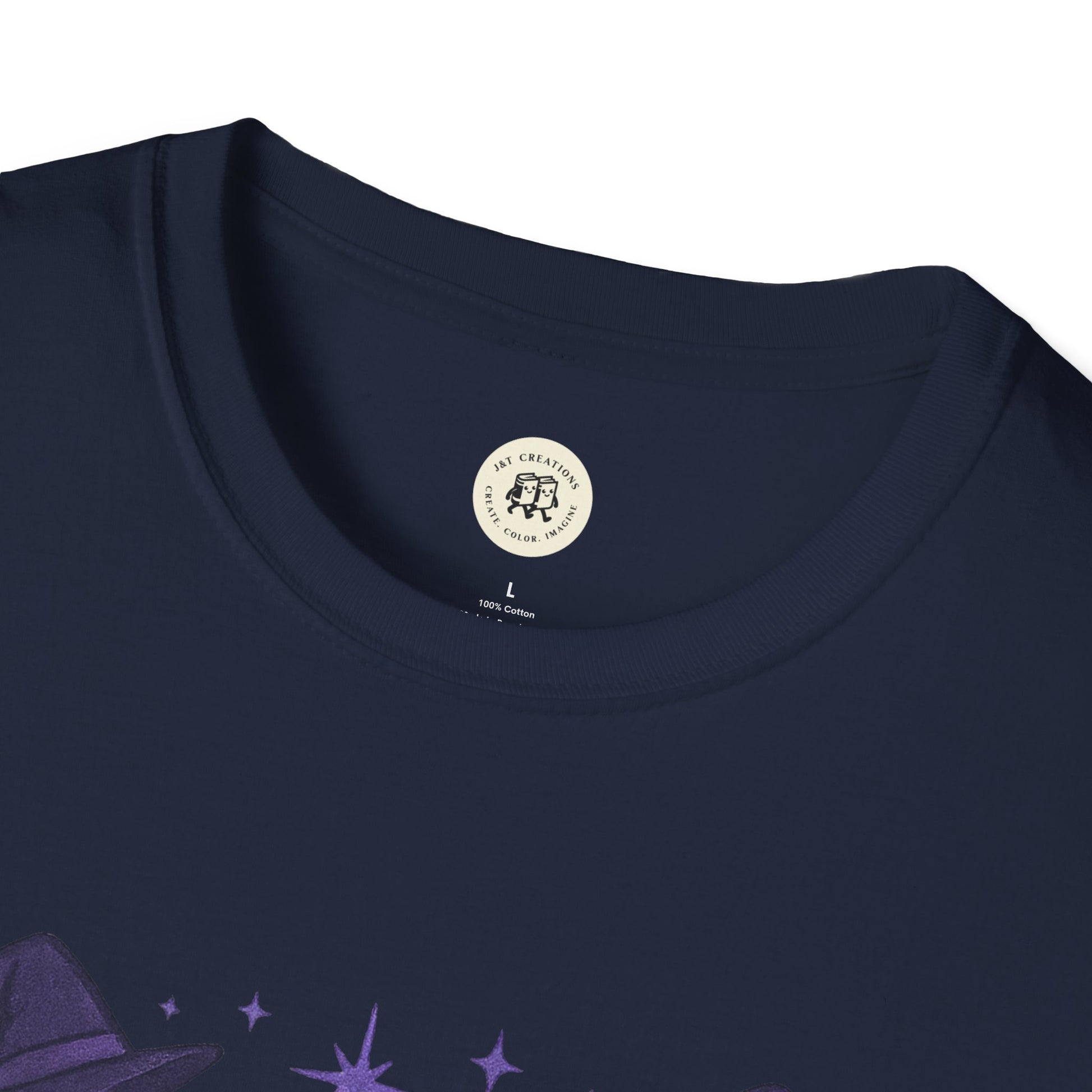 Close-up of navy blue Happy Halloween shirt with round neckline by Printify
