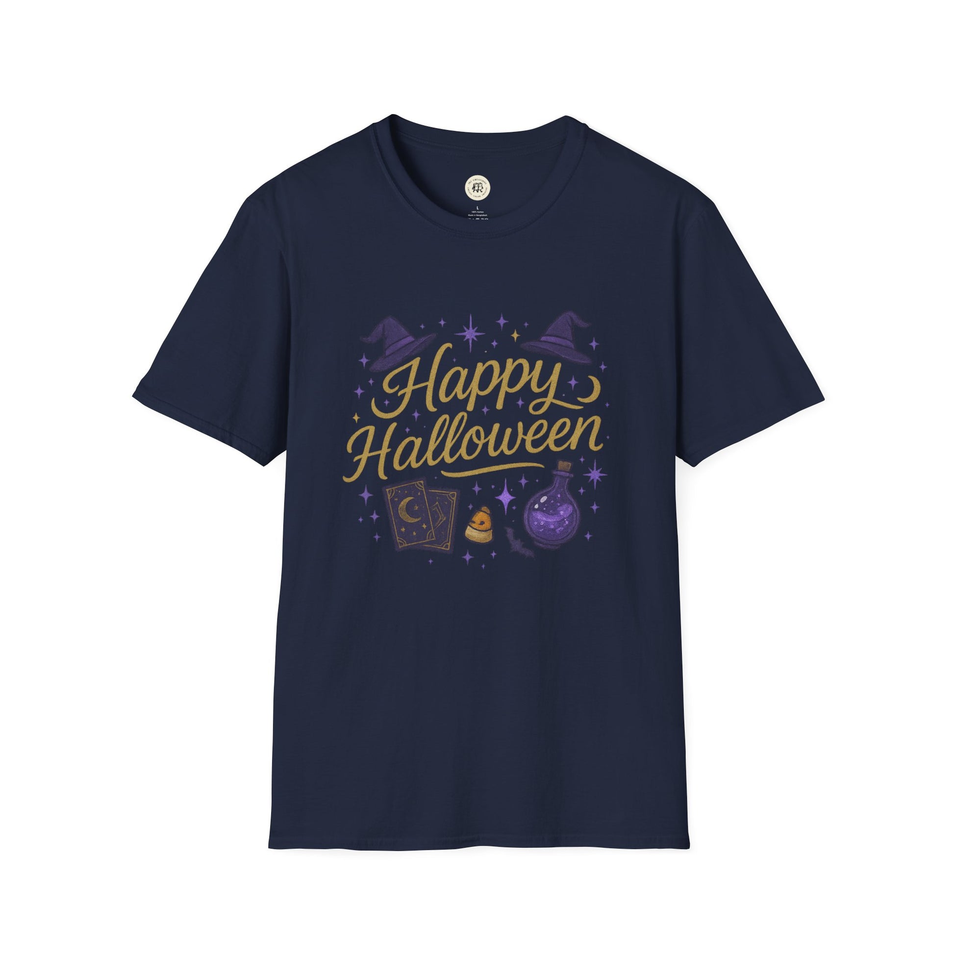 Printify navy t-shirt with Happy Halloween shirt gold text and witch-themed illustrations