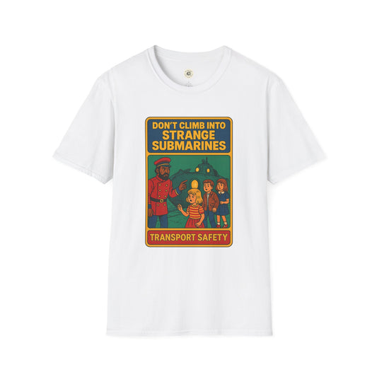 White Printify Captain Nemo graphic t-shirt for kids with vintage submarine safety design