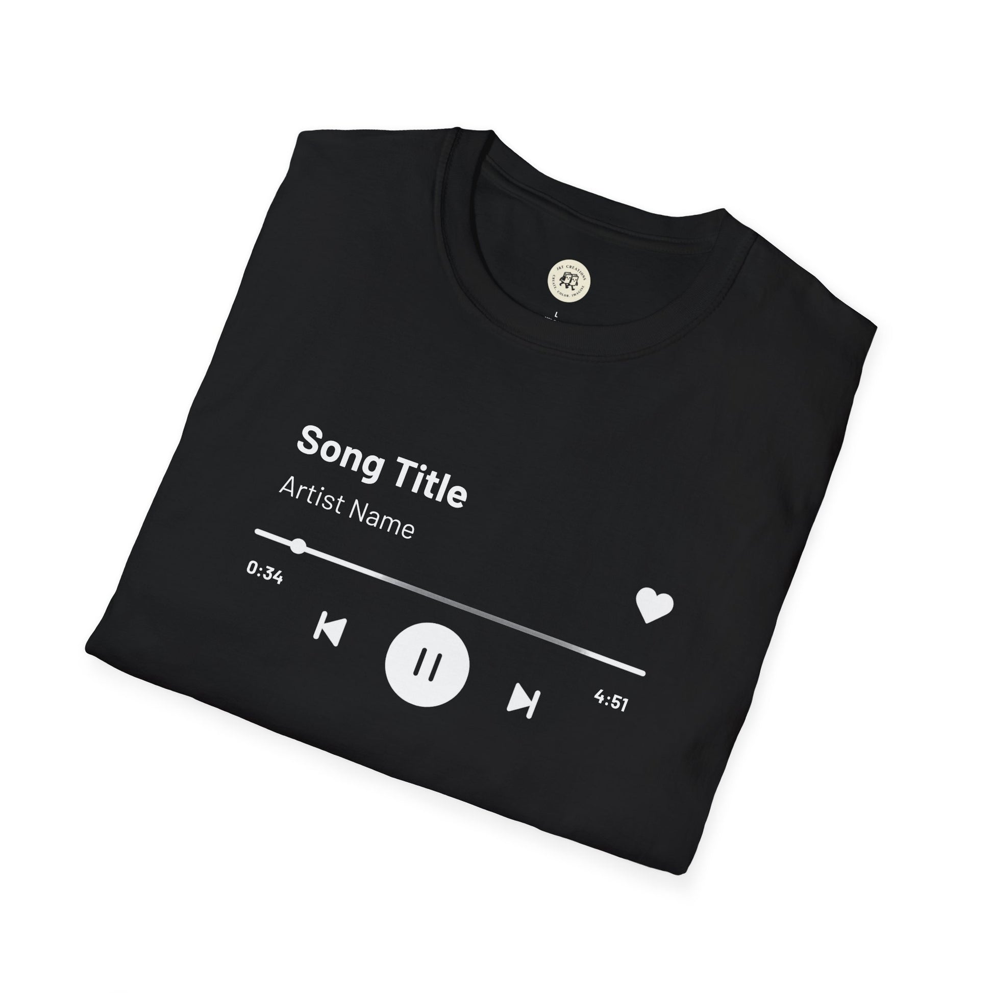 Black Printify custom music player t-shirt featuring song title and playback controls design