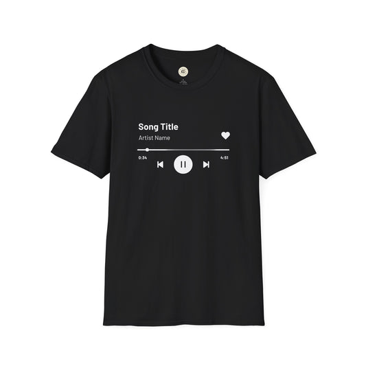 Black custom music player t-shirt with white music control icons and song title design