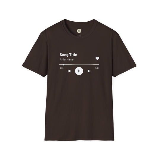 Printify black custom music player t-shirt with song title and music control graphic on front