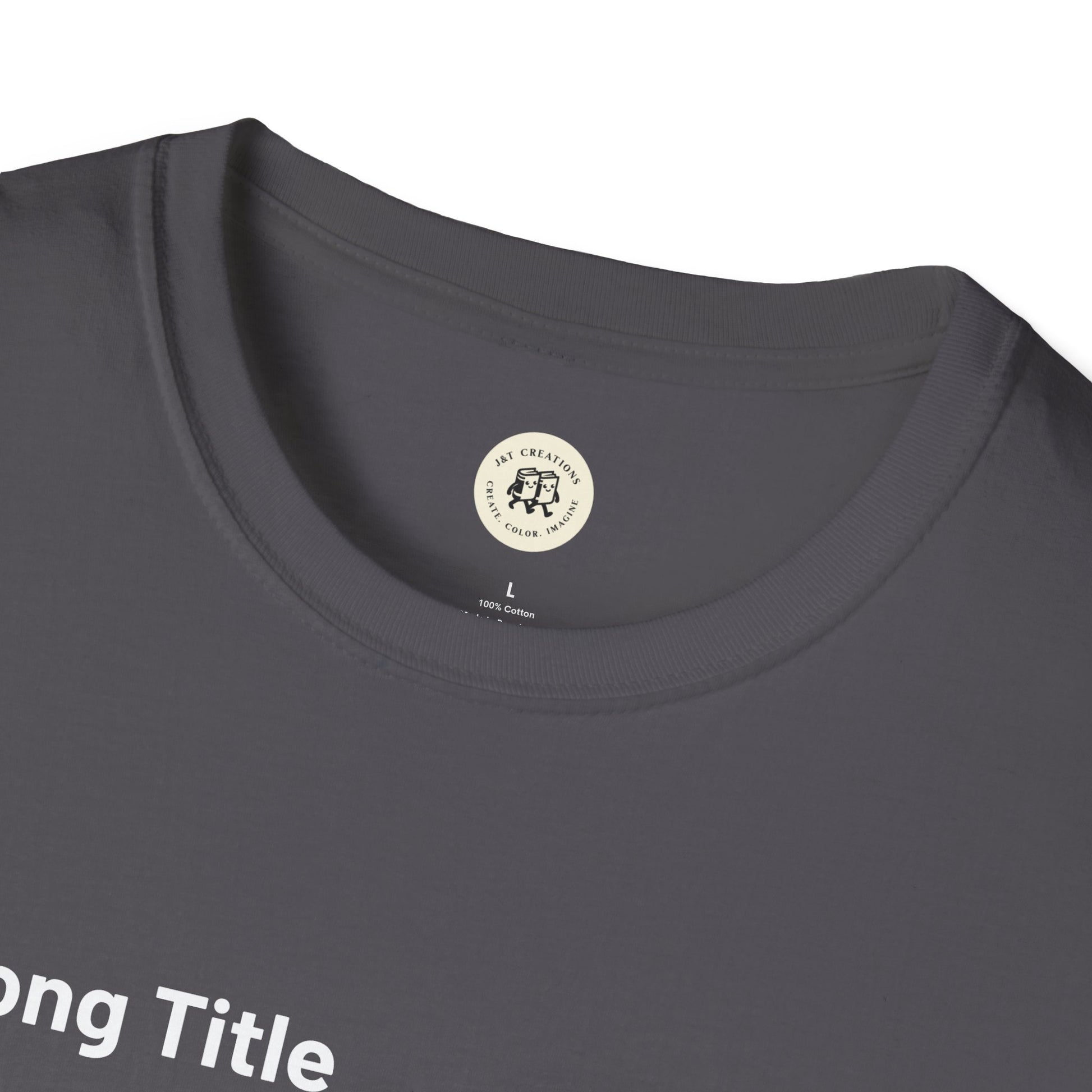 Close-up of dark gray Printify custom music player t-shirt neckline and collar design