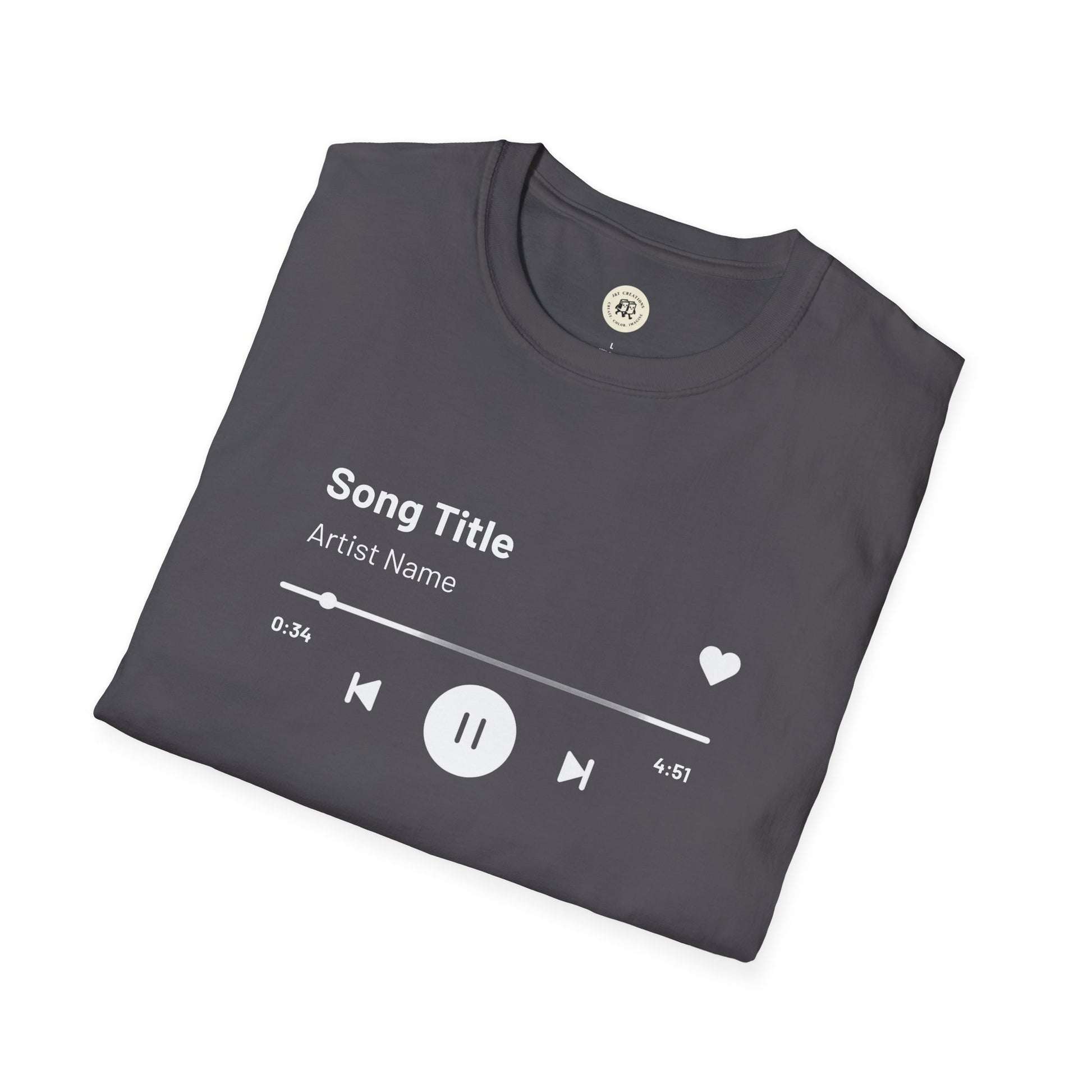 Printify custom music player t-shirt in black with white music player design and playback controls