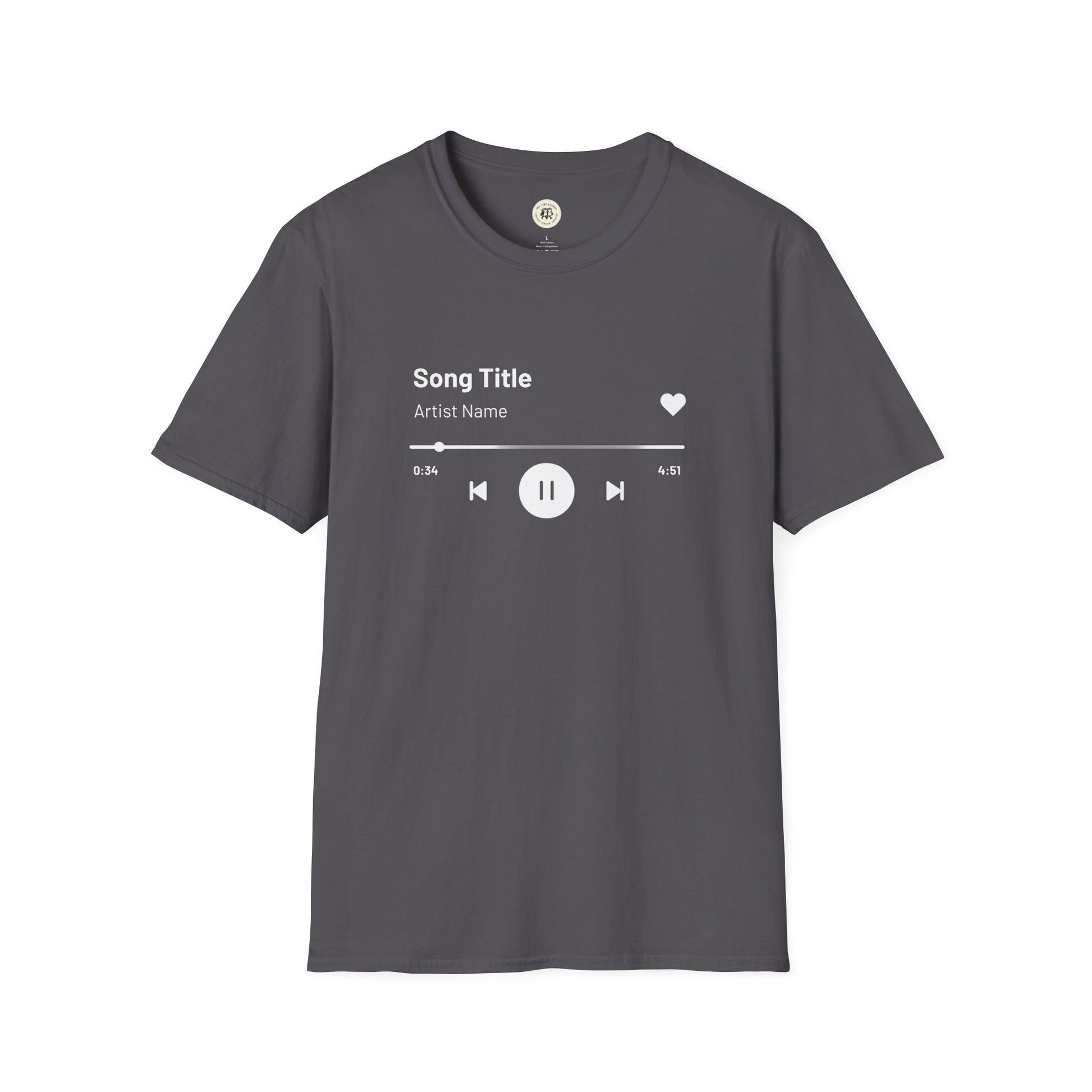 Printify custom music player t-shirt in dark gray with white music player graphic and controls