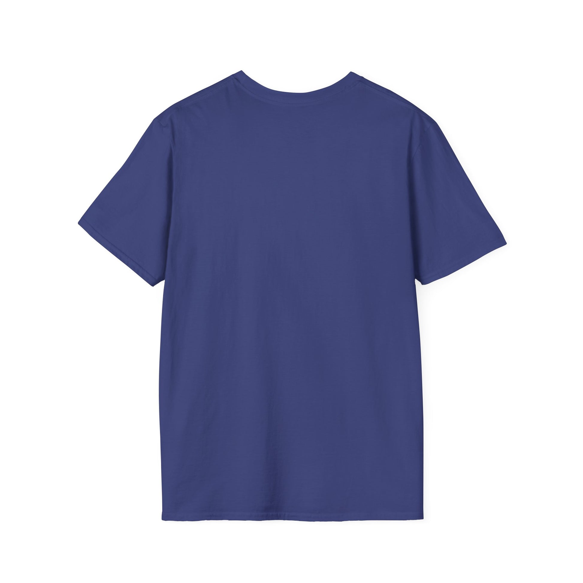 Back view of navy blue custom music player t-shirt by Printify with short sleeves and crew neck