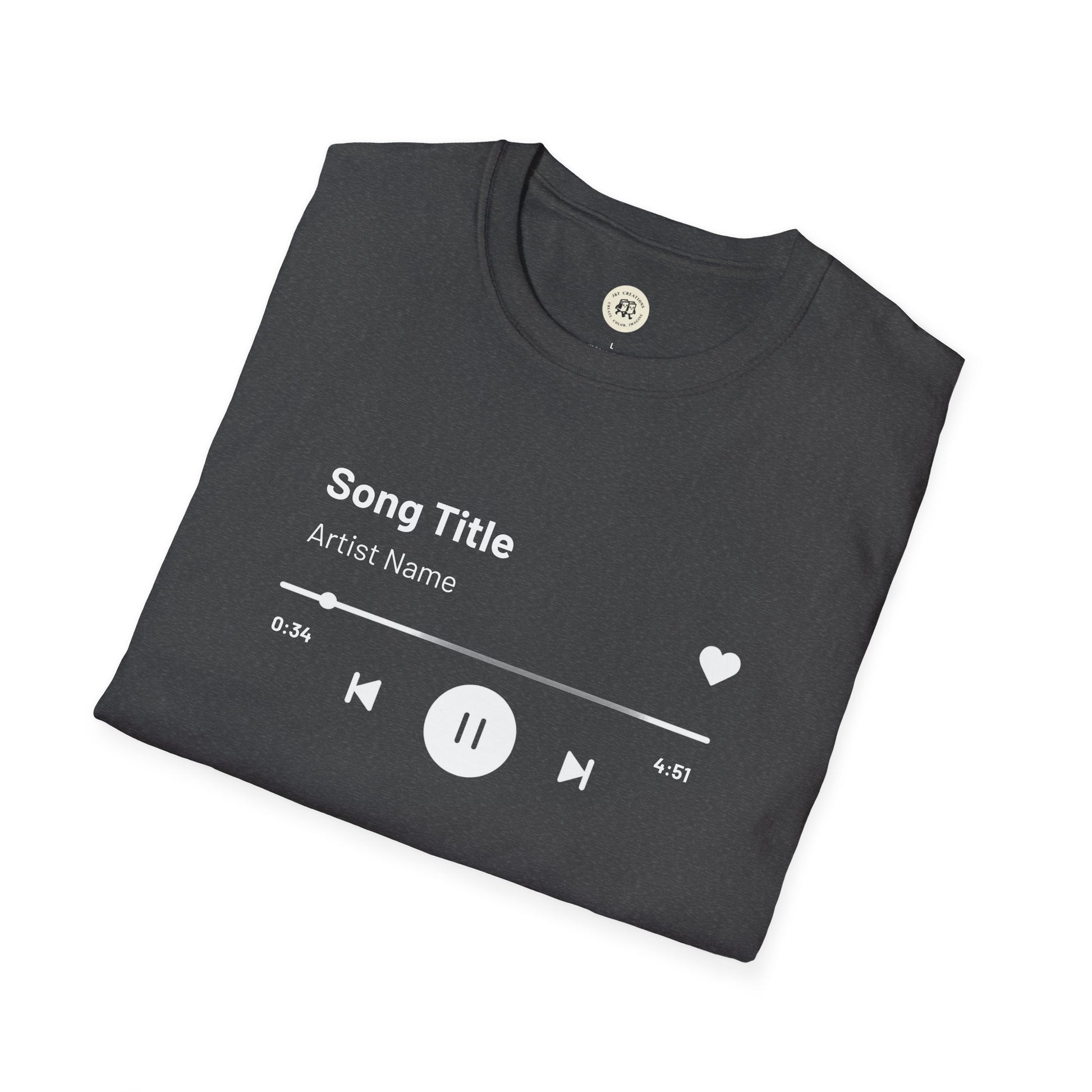 Black custom music player t-shirt from Printify featuring a song title and playback controls design