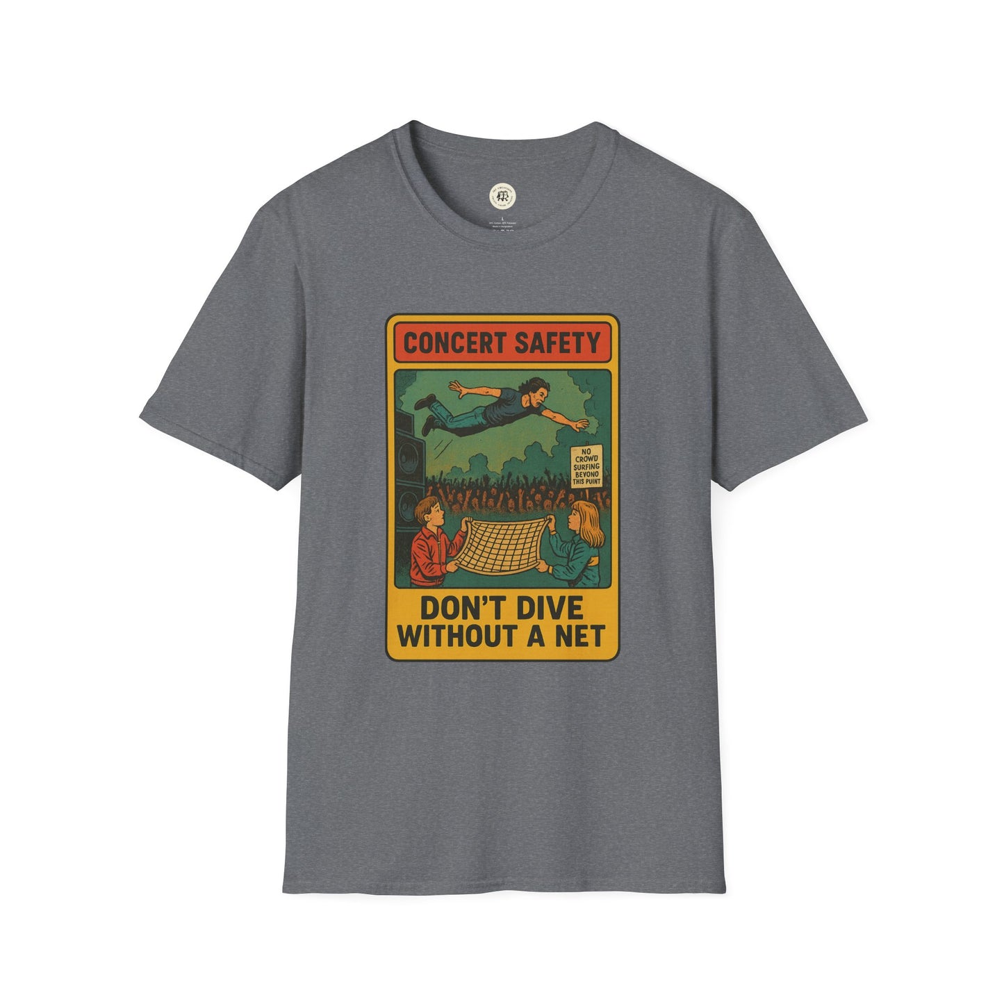 Gray Printify T-Shirt featuring a Pearl Jam crowd surfing tee graphic with concert safety message