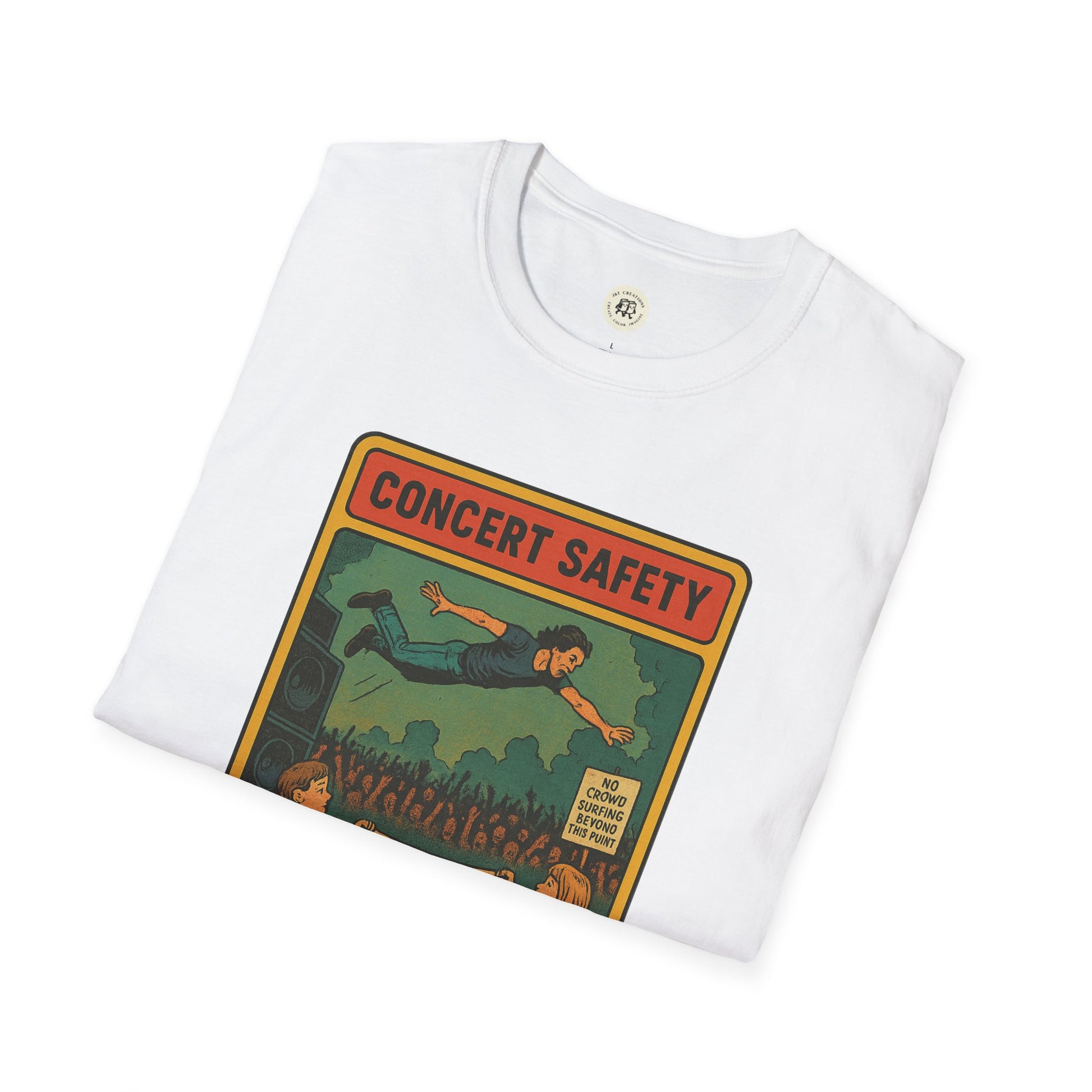 White Printify t-shirt featuring a colorful Pearl Jam crowd surfing tee concert safety graphic