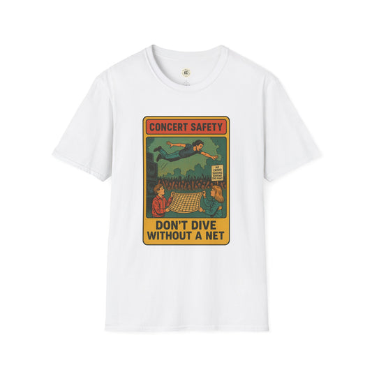 White Printify t-shirt featuring Pearl Jam crowd surfing tee with concert safety graphic design