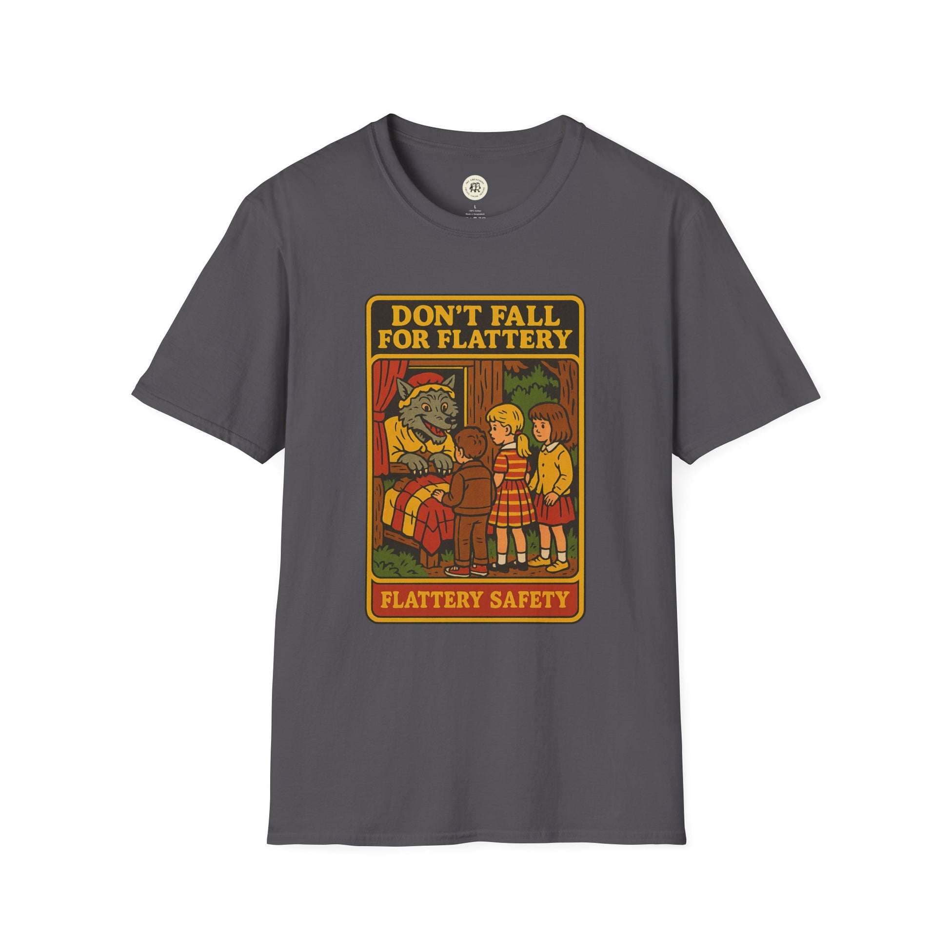 Printify big bad wolf graphic t-shirt with vintage style wolf and children illustration on dark gray